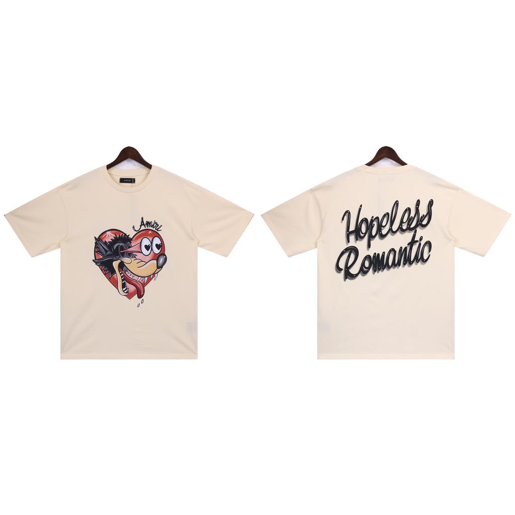 2025 Léto Nové AMIRI Beznadějný Romantik Prané Vodou Sprej Barva Pánské a Dámské Volné Vysoce Kvalitní Bavlna Nadměrná Velikost Tričko
