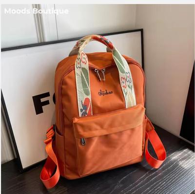 Nylon Fabric Fashion Backpack For Women Floral Hand Strap Pure Color Large Capacity Travel Bag Multi-pocket School Book Rucksack