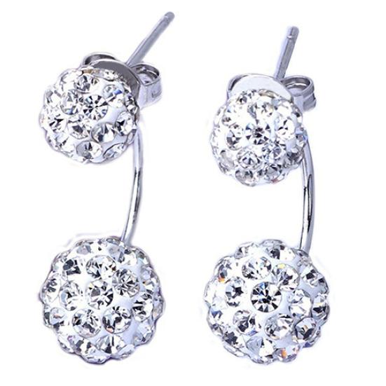 Lady U-shape Spherical Micro Rhinestone Silver Tone Ear Studs Earrings Jewelry