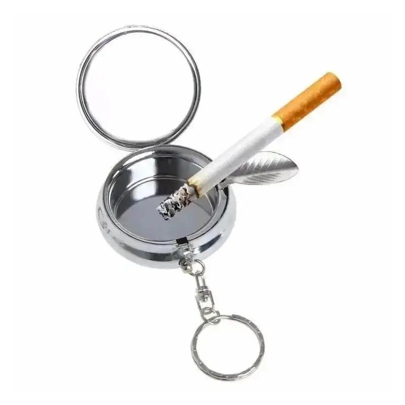Round Cigarette Ashtray Box Useful Portable Pocket Stainless Steel Round Cigarette Ashtray With Keychain AU(Color Random)