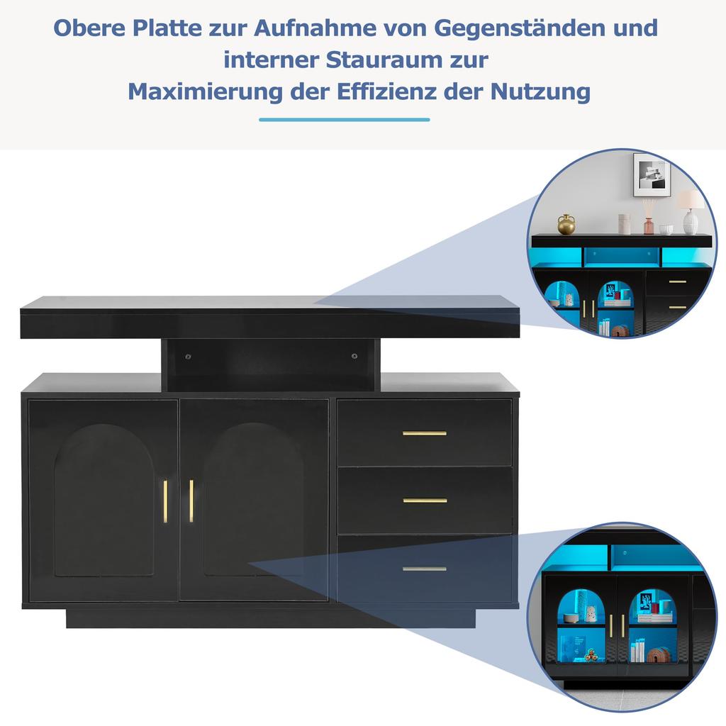 Kredens Bufetowy z Oświetleniem LED, Komoda Szafka 2 Drzwi 3 Szuflady, Nowoczesna Szafka Pomocnicza do Salonu Jadalni Przedpokoju, 120x40x80cm