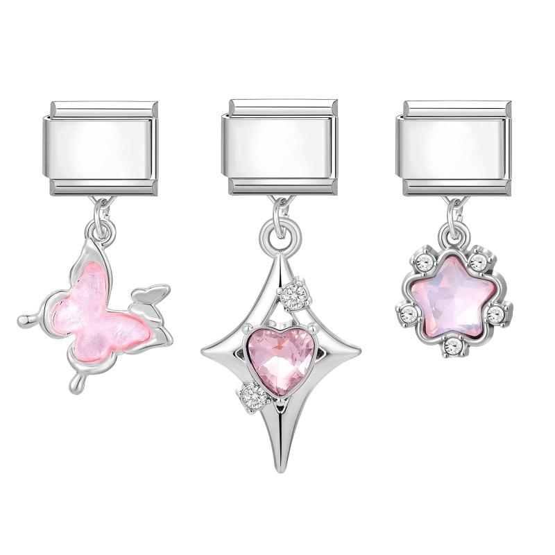 3Pcs/Set Brilliant Butterfly Moon Cherry Flowers Pendant Italian Charm Links Fit 9mm Stainless Steel Bracelet DIY Making Gift