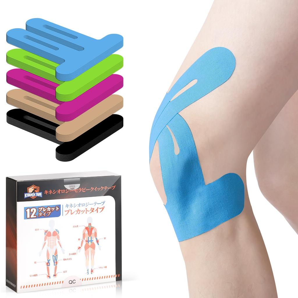 KTQUICK Kinesio Knee Elastic Knee Sports for Marathon Sprain and Injury Prevention [12 Sheets] Pre-Cut Tape, Support, Support, Tape, Running,