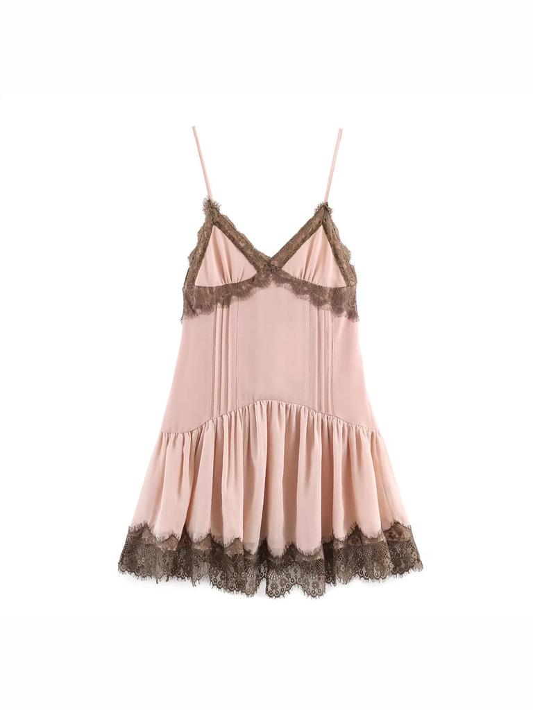 Sweet & Spicy Lace Patchwork Sleeveless Camisole Dress with Contrasting V-Neck Mini Skirt