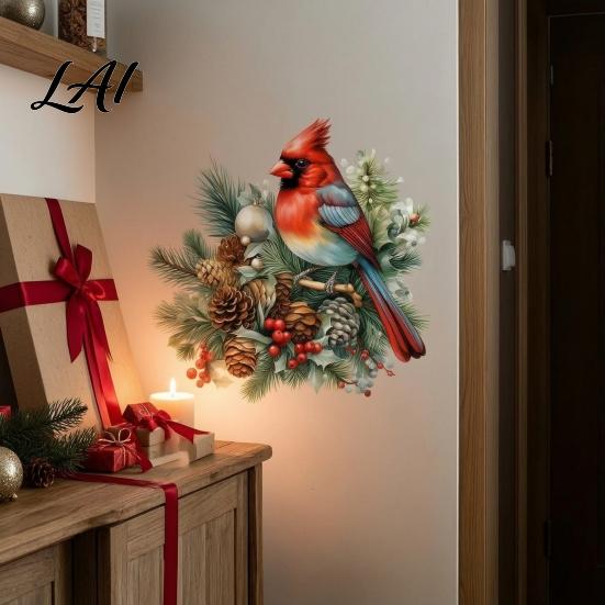 DIY Holiday Scene Wall Decor Christmas Bird Sticker Decorative PVC Decal with Pine Branch Cone And Waterproof Outdoor Window Stickers Red Berry Peel