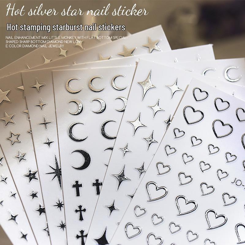 Trendy Silver Mirror Nail Stickers: Stars, Hearts, Moons & Chrome Designs