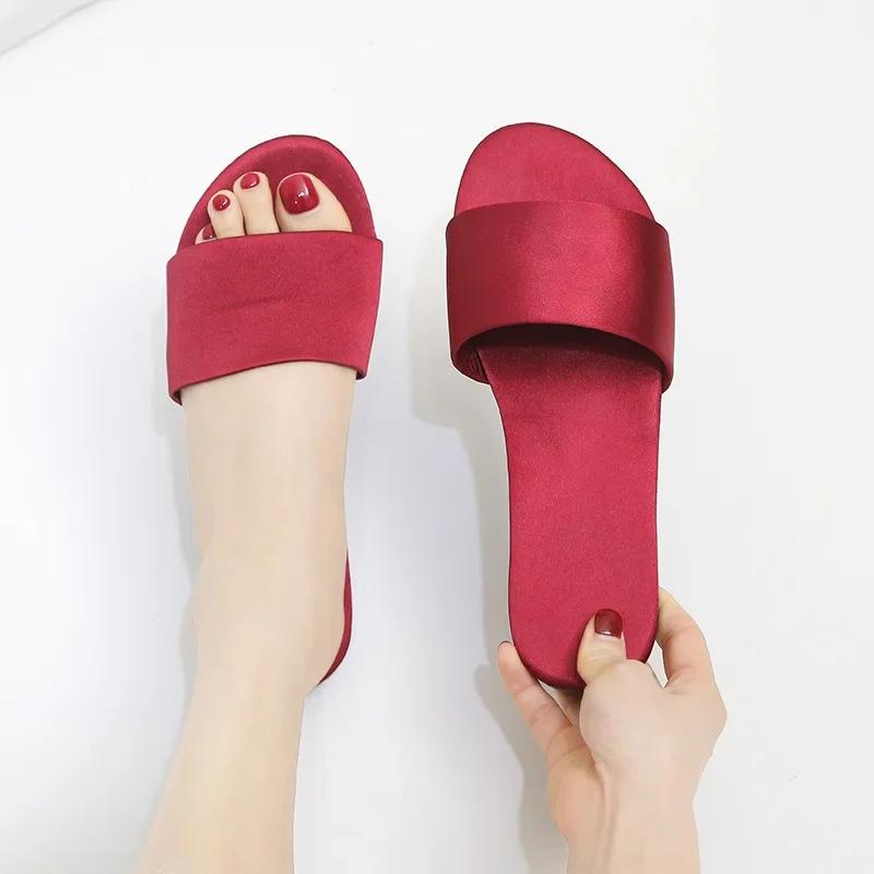 2025 New Home Slippers Flat Casual Satin Simulation Silk Slippers Indoor Non-slip Peep Toe Slides Wedding  Flip Flops