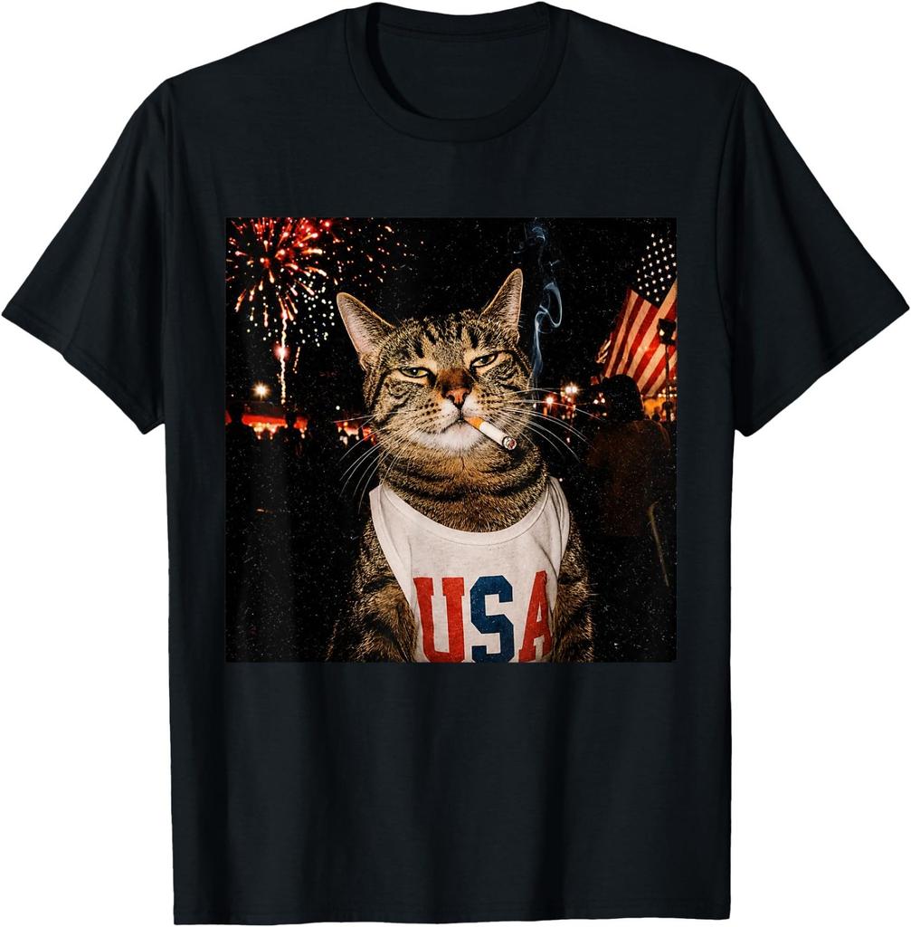 Patriotic Smoking Cat USA 4th of July Funny Cat Lover T-Shirt