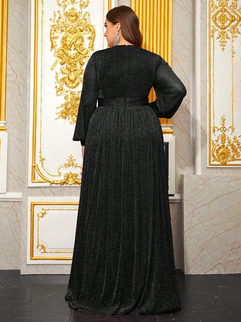 Plus Size Women's Deep V-Neck Lantern Sleeve Evening Gown with Slit - FMGN1043
