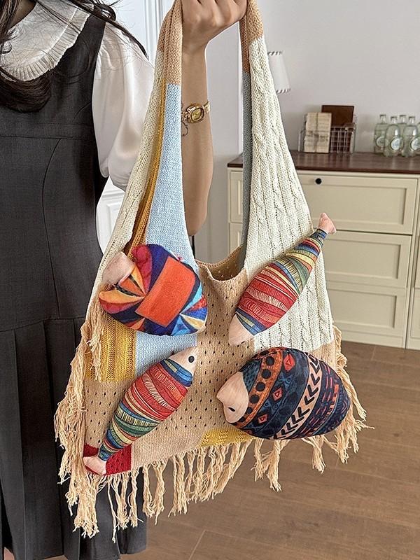 Cotton Knitted Large Capacity Tote Bag With Open Top For Casual Travel And Beach Use