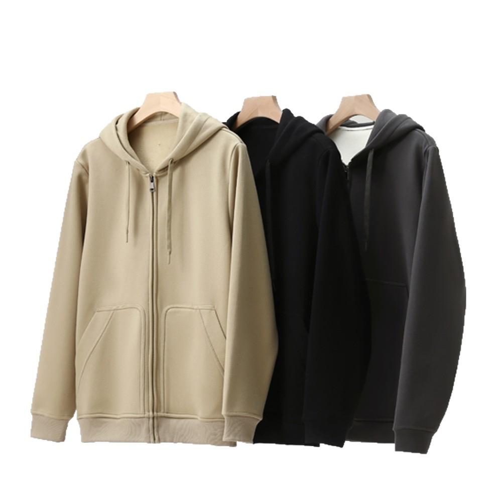 Men's Casual Solid Color Fleece Lined Hooded Sweatshirt - Warm, Versatile Loose Fit with Drawstring and Zipper.
