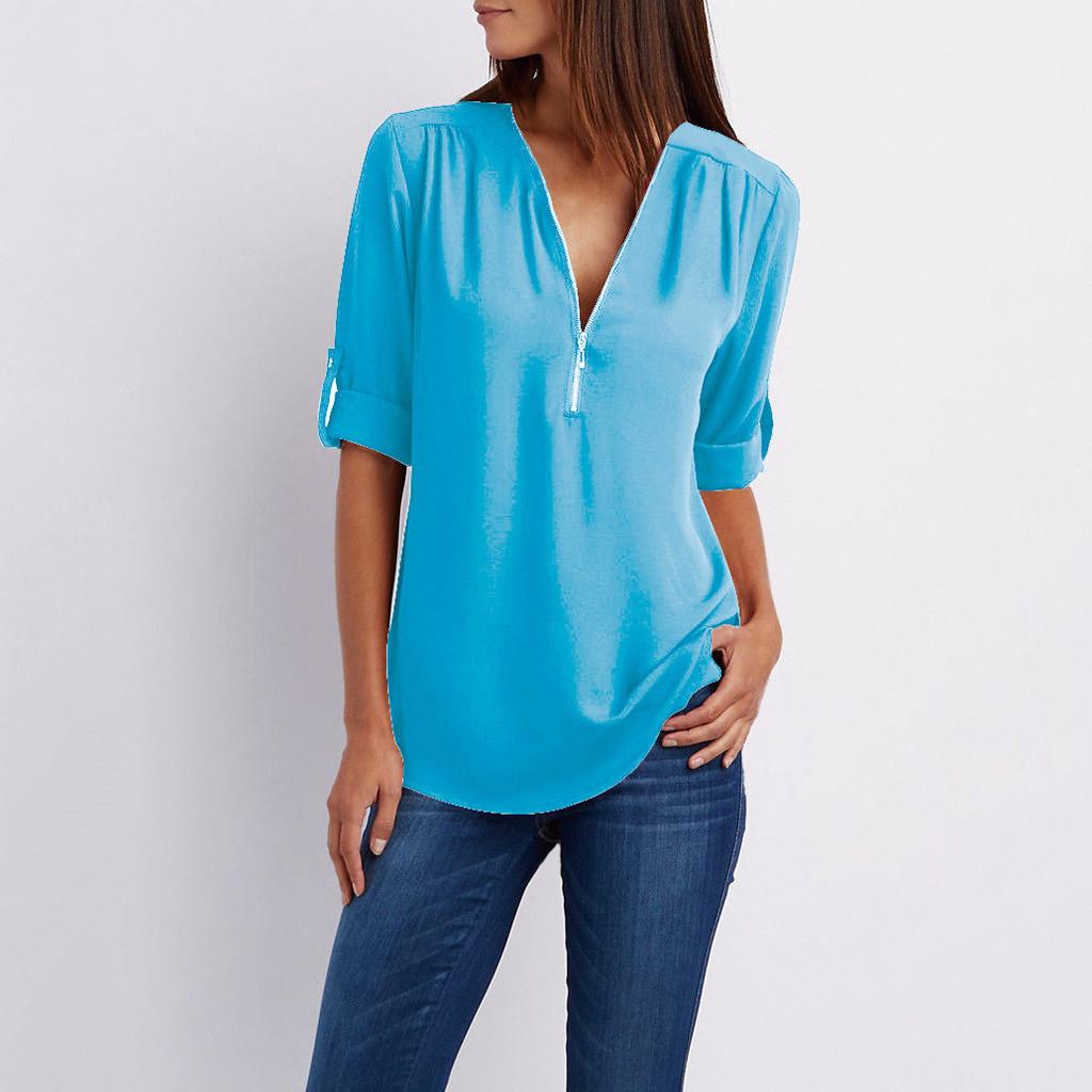 Women Ladies Zipper Button Long Sleeves Loose Chiffon Shirt Clothing