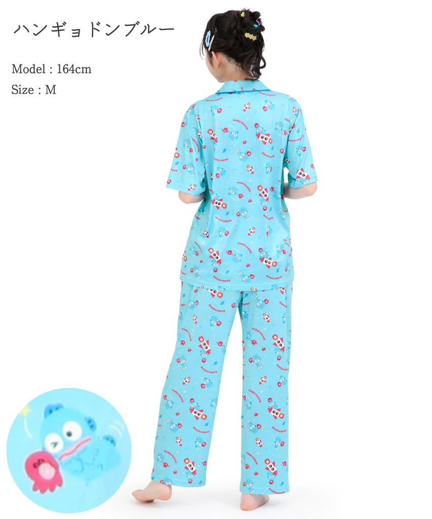 SAZAC Cosmic Hangyodon Shirt Powder Stretch Short Sleeve and Long Pants Loungewear Pajamas, Fabric, Women's Set, (Blue/L/SAN1953)