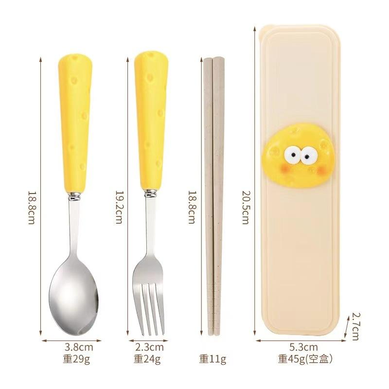 Stainless steel chopsticks spoon fork three-piece set cartoon cheese love student picnic portable tableware set