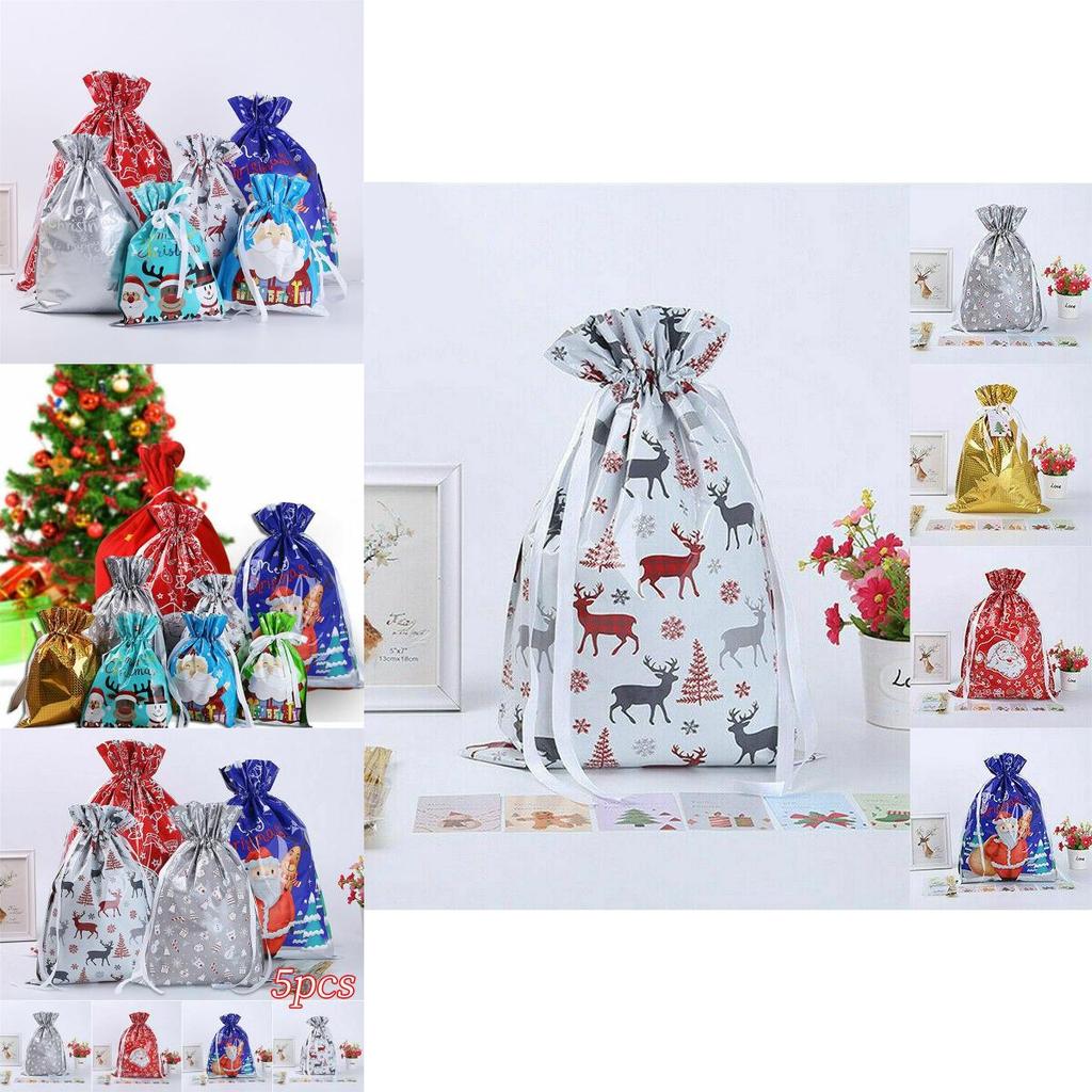 Adorable 5pcs Christmas Sacks Reusable Drawstring Gift Bags For Kids' Gifts