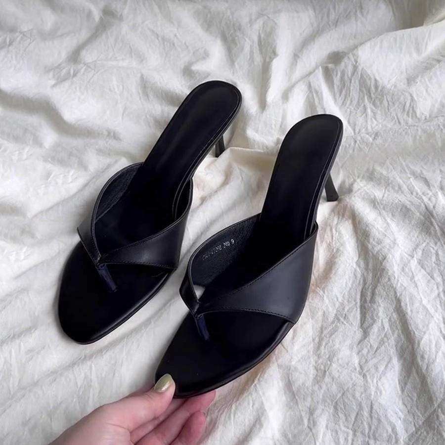 Soft Leather Version~ Retro High-heeled Toe Cool Slippers Flip-flops Women's Outer Wear with Skirt Simple Temperament Stiletto Sandals