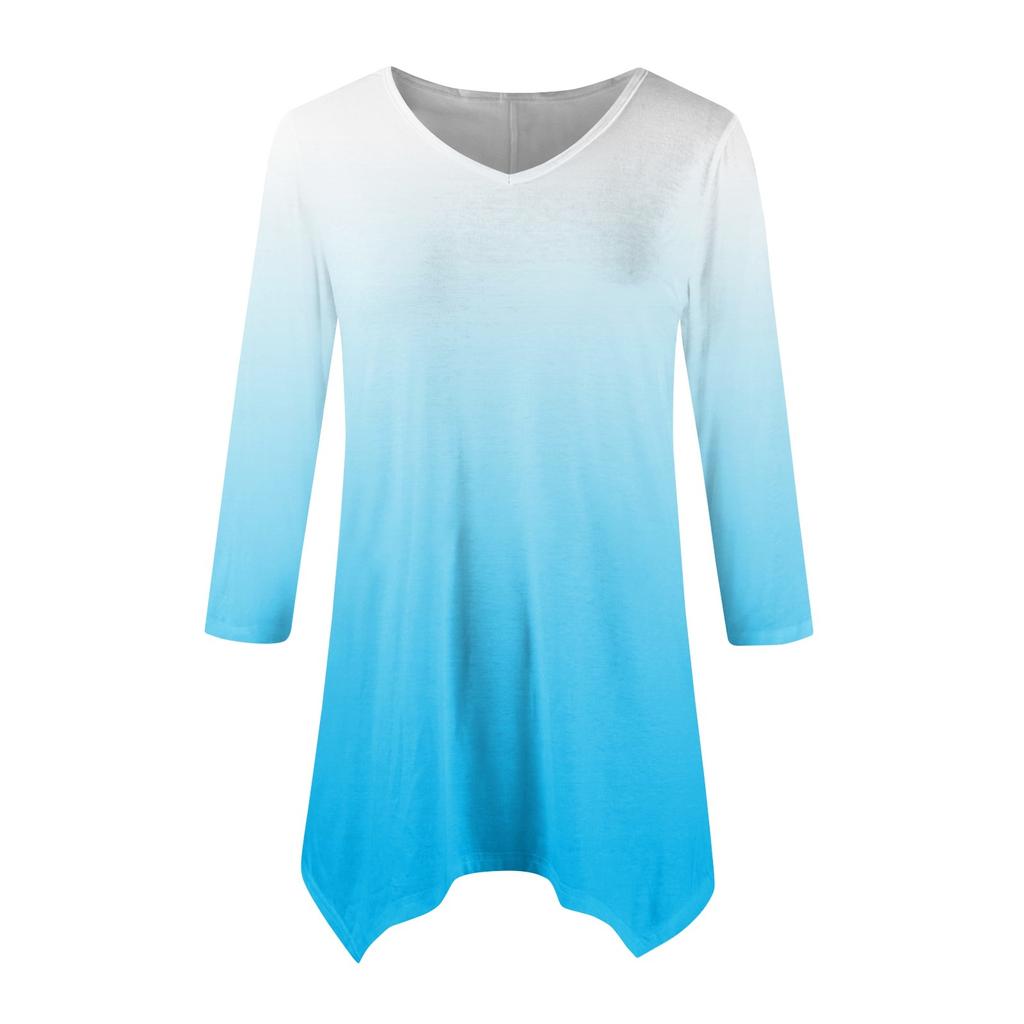 Women's Fashion Casual Crew-neck Gradual Print Seven-point Sleeve Shirt Belted Loose Comfortable Top