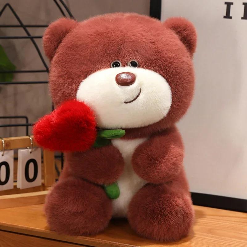 Cartoon Bear Holding Rose Plush Toy Soft Stuffed Bear Doll Home Decoration Romantic Valentine's Day Gift for Lover High Quality