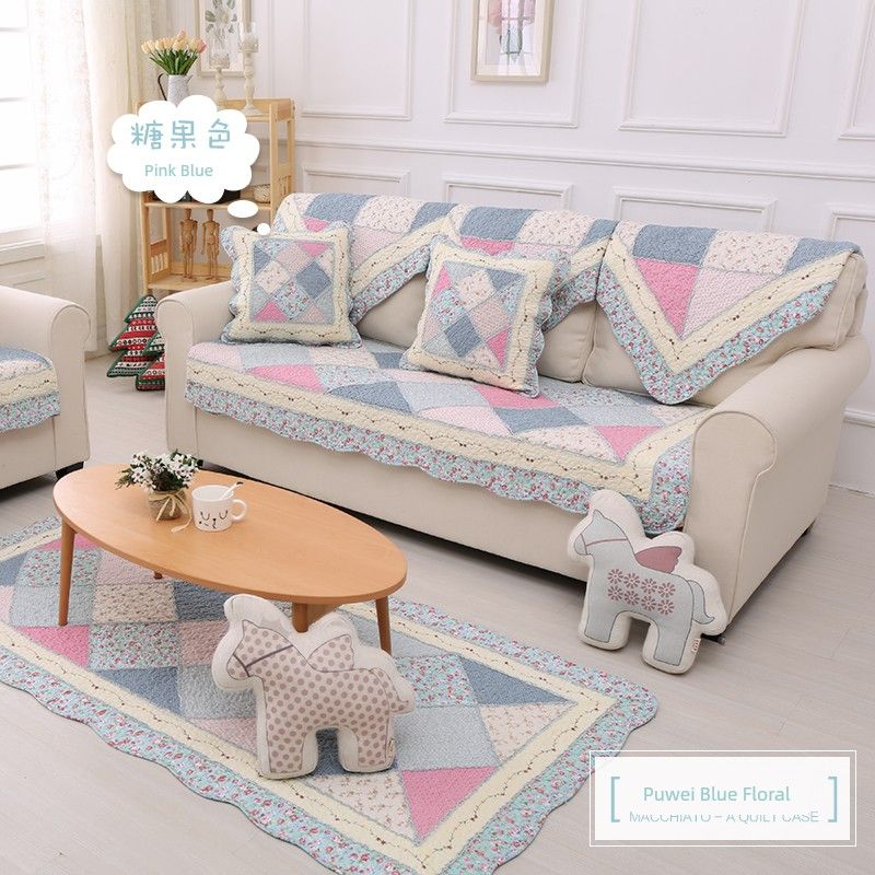 

Korean Style Pastoral All Year Round Neutral Pure Cotton European Fabric Sofa Cushion Cotton Seat Cushions Non Slip Backrest Towel Cover SHY-Rose Blue Floral Small armrest 40*60cm