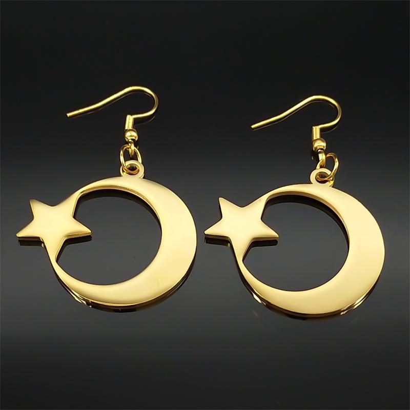 Muslim Islam Moon Star Stainless Steel Hoop Earrings for Women Gold Color Dangle Earrings Amulet Jewelry Party Gift 7615
