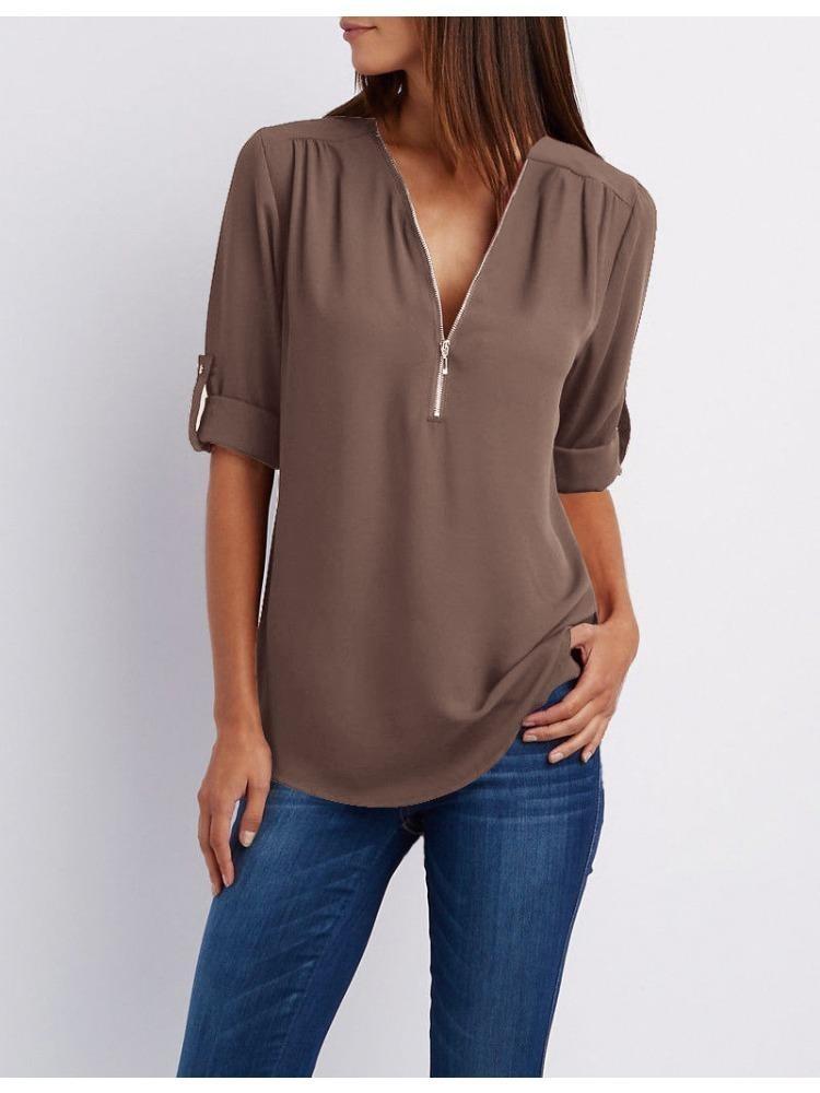 Women's Plus Size Loose Fit V-neck Chiffon Shirt with Long Sleeves and Adjustable Zipper