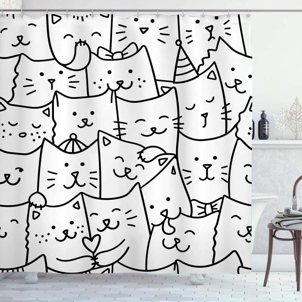Cute Cat Pattern Shower Curtain - Fun Cartoon Design for Playful Bathroom Décor, Waterproof, Easy Care & Soft Fabric