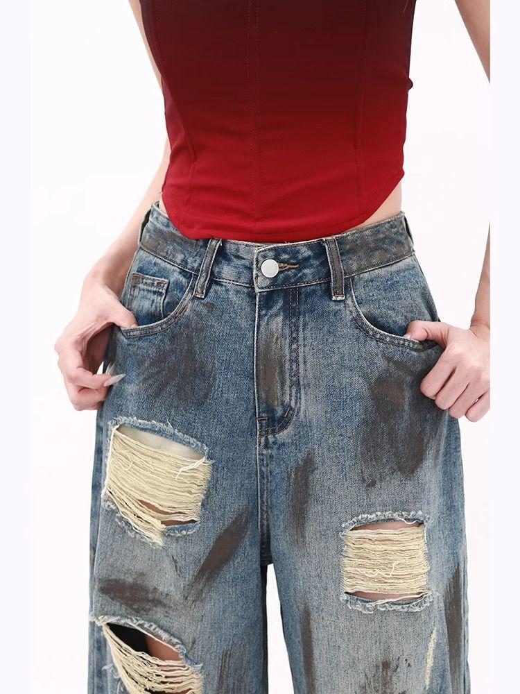 Blue Do Old High Street Broken Jeans Female Europe and The United States In The Fall Design Sense Hundred Match Lethargic Wind Dirty-dye Mopping Pants