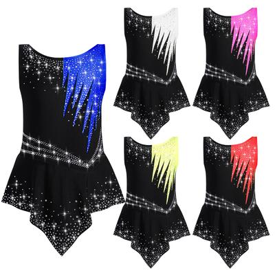 Girls Competition Leotard Sleeveless Style Shiny Rhinestones Contrast Color Bodysuit Gymnastics Performance