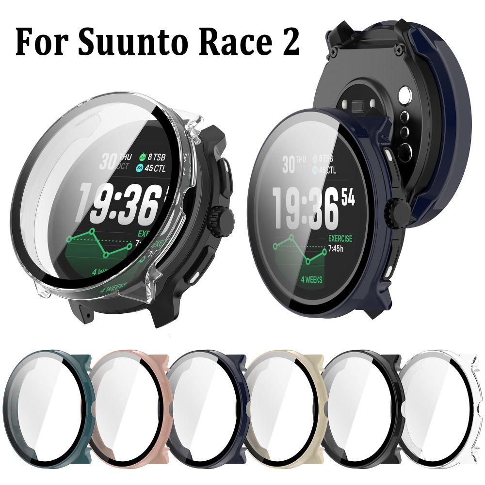 PC+Tempered Protective Case Full Coverage Hard Screen Protector Anti-Scratch Cover Shell for Suunto Race 2
