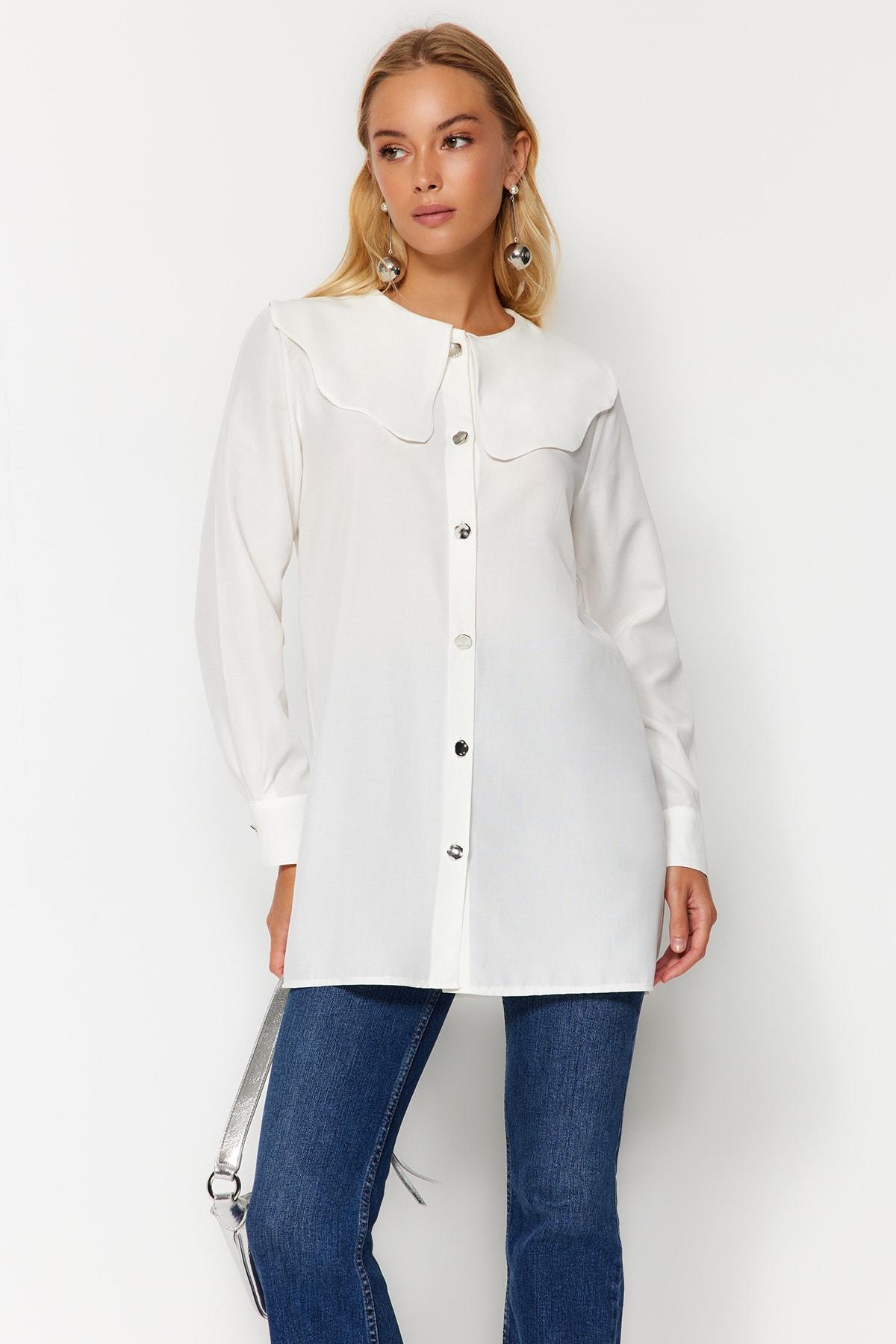 

Women s Fashion New Hijab Shirt White Silver Button Detailed Baby Collar Cotton Shirt S білий