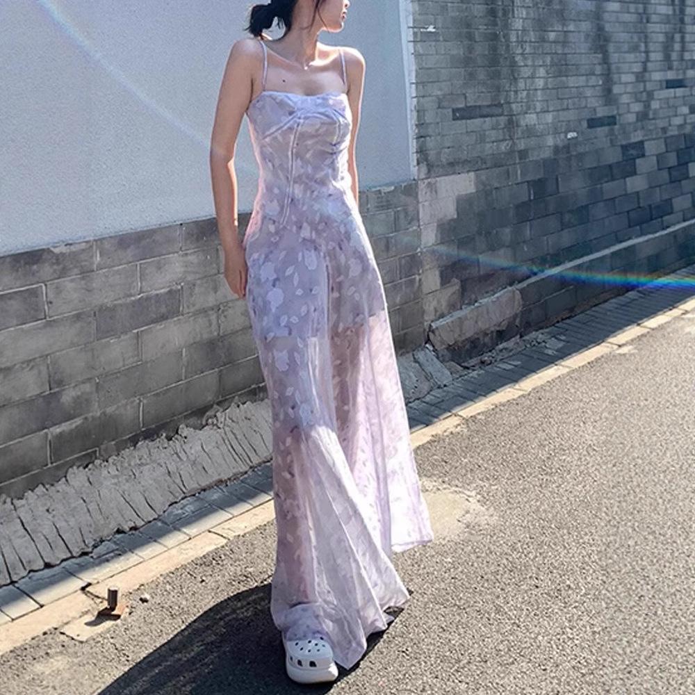 

French purple dopamine suspender dress women s summer beauty seaside vacation beauty temperament waist dress 2XL фіолетовий