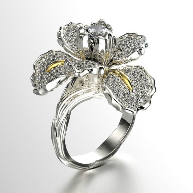 Micro-studded Iris Double-color Ring European Blue Topaz Floral Cluster Engagement Ring Minimalist Floral Diamond Ring with Creative Setting