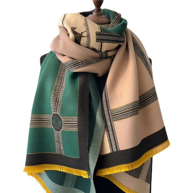 Autumn and winter new color matching fringed hair scarf women's splicing thickened shawl fashion one piece