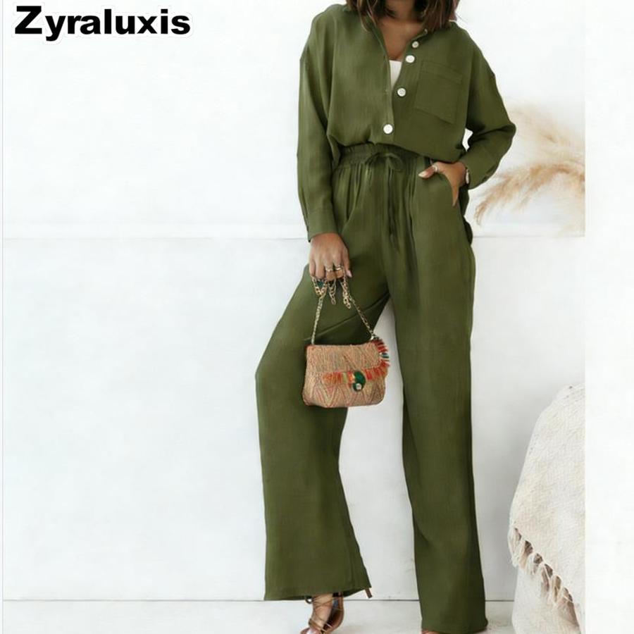 Loose Fashion Long Sleeve Shirt Wide Leg Pants Casual Pure Color Women's Set Old Money Style