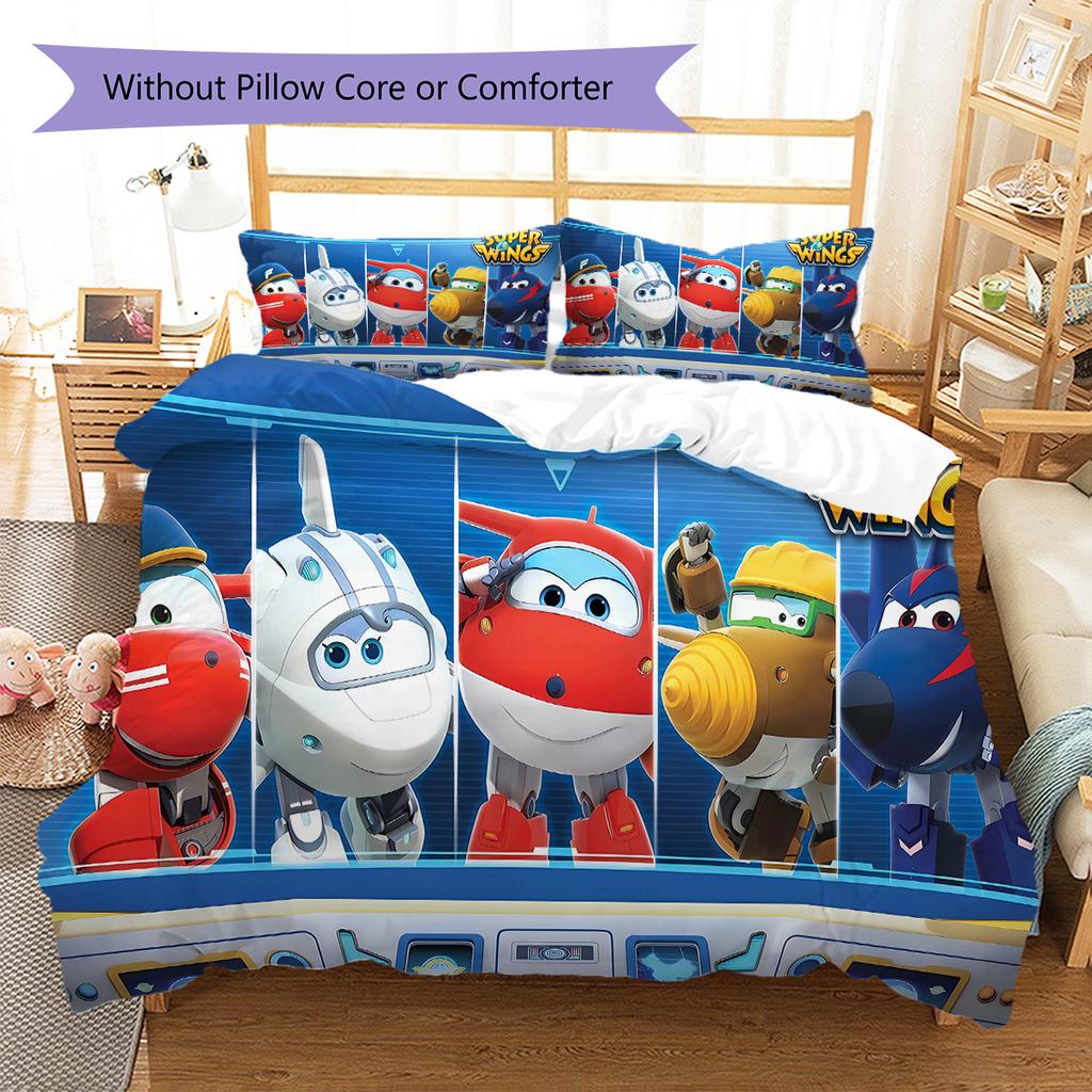 Super Wings Vzor Povlečení Sada Prošívaných Dek Quilt Cover Povlak na Polštář Domácí Dekorace Dárek (1 * povlak na peřinu + 2 * povlak na polštář, bez jádra)