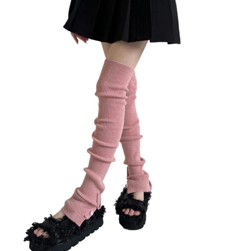 Japanese Ballet Styles Thigh High Leg Warmer Ribbed Knitted Split Buttons Over Knee Footless Socks for Fashionable Women