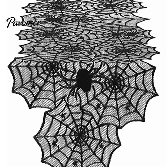 Space-saving Halloween Decoration Table Runner, 18 x 72 Inch Gothic Black Lace Spider Party Decor Web Runner for Kitchen Dinner Centerpiece, Mesh