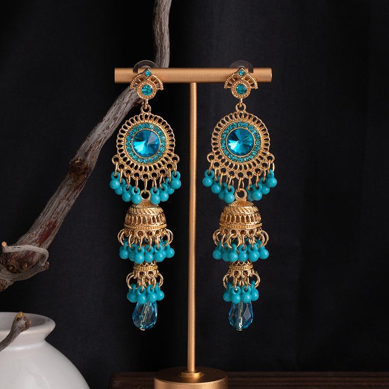 Bohemian Ethnic Style Earrings Retro Carved Long Fringed Earrings With Diamonds And Water Droplets Light Luxury Premium Earrings