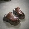 Johnature British Style Genuine Leather Round Toe Thick Heel Slippers Comfortable Thick Soled Women's Shoes