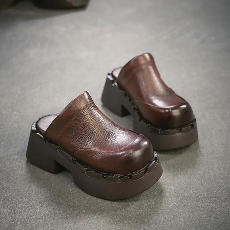 Johnature British Style Genuine Leather Round Toe Thick Heel Slippers Comfortable Thick Soled Women's Shoes