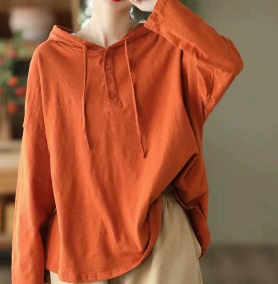 2025 Spring Retro Hooded Pullover: Women's Casual Loose Fit Solid Color Long Sleeve Sweatshirt