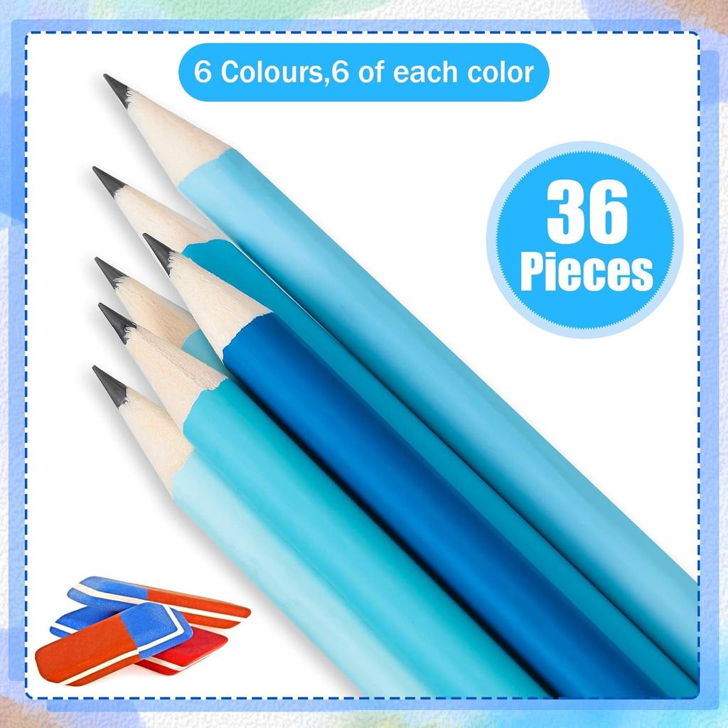 CHENGU 36 Pack Coastal Blue Pencils with Eraser Unsharpened Fun Cute Erasable Checking Wooden Summer Pencils for Adults Office Drawing Sketching