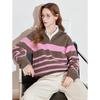Chuyu Damen Gestreifter Reißverschluss Polokragen Langarm Strickpullover