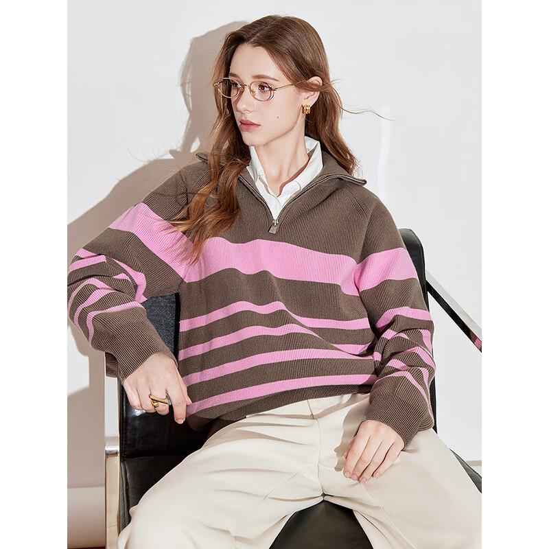 Chuyu Damen Gestreifter Reißverschluss Polokragen Langarm Strickpullover