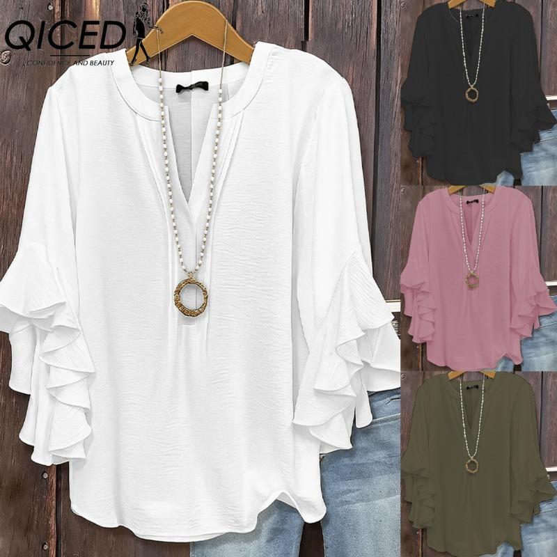 QICED Blusas y camisas con cuello en V y manga 3/4 con estampado de color sólido informal a la moda para mujer