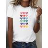European Size Women's White Short Sleeve T-Shirt with Colorful Rainbow Heart Print -  Casual Round Neck Summer Top