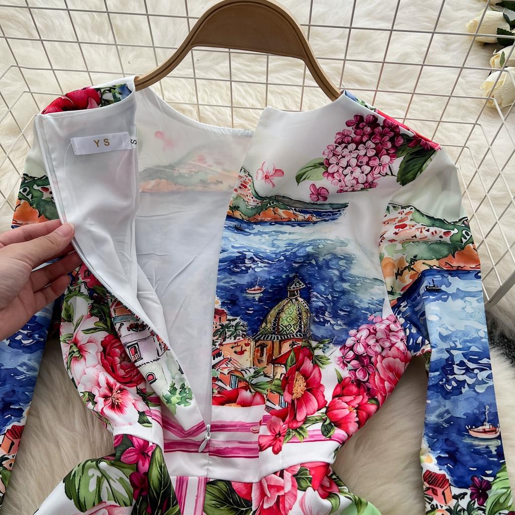 Spring Autumn Women Designer Vintage Print Runway Dresses O-neck Long Midi Office Party Slim Pencil Dress