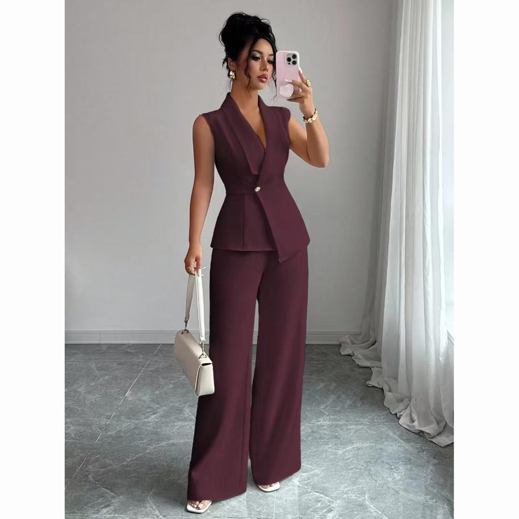 European and American Elegance Solid Color Vest and Straight Leg Pants Set for Women