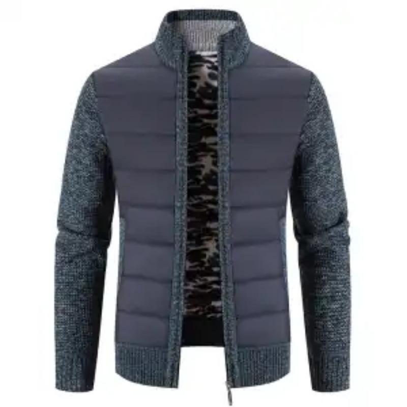Sweater Men's Spliced Zipper Stand Collar Sweater Plus Velvet Thickened Cardigan Loose Casual Warm Jacket