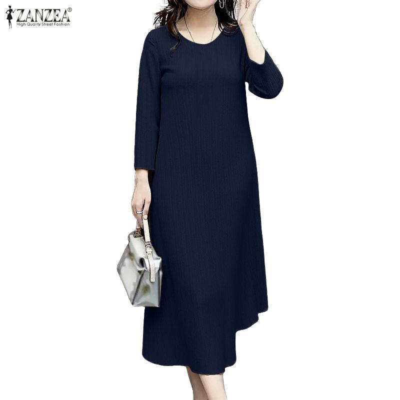 ZANZEA Women Casual Round Neck Solid Color 3/4 Sleeve Dress